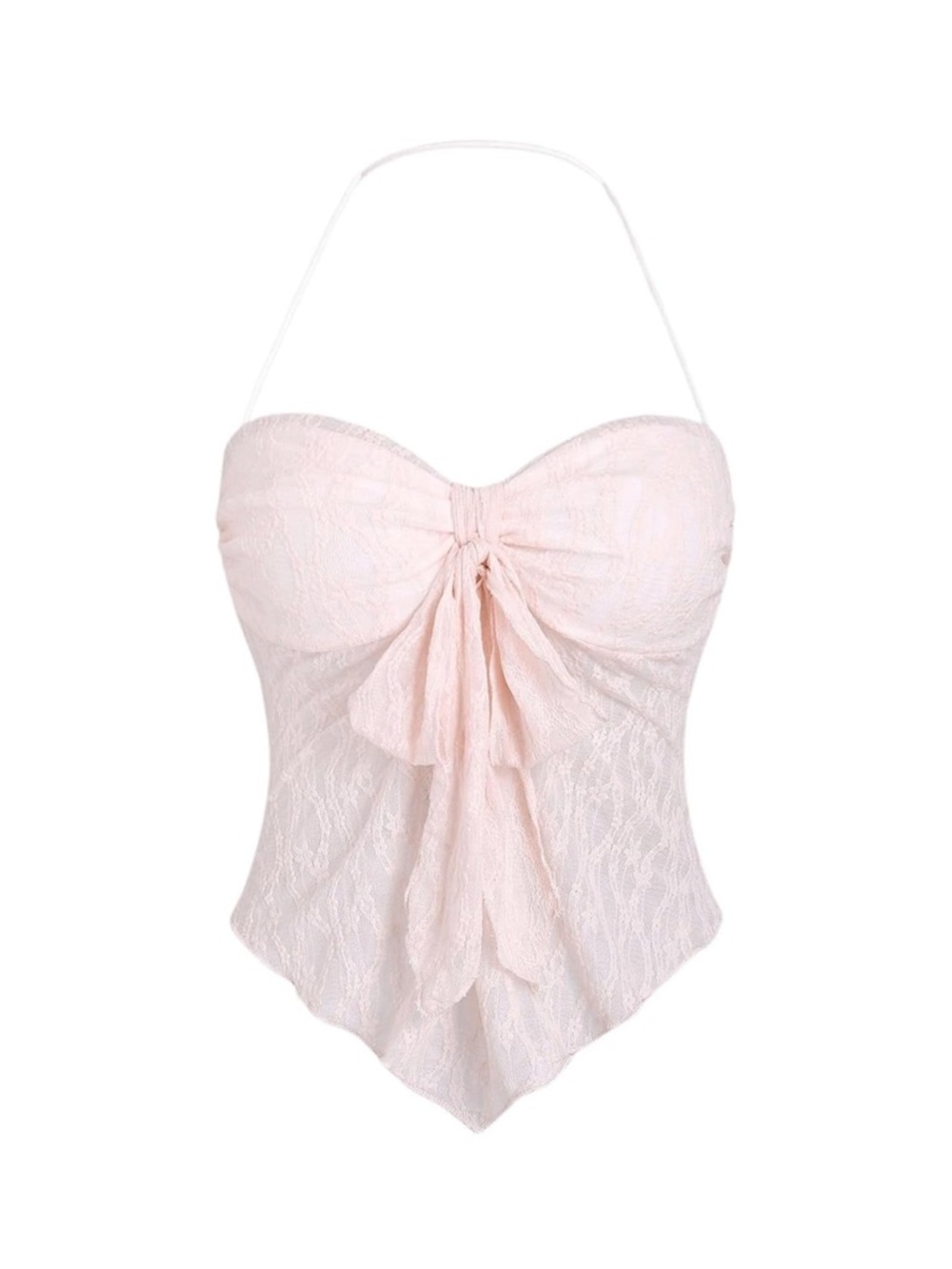 Romantic Baby Pink Lace Halter Crop Top with Bow + Ruffle Detail | Small | NWOT